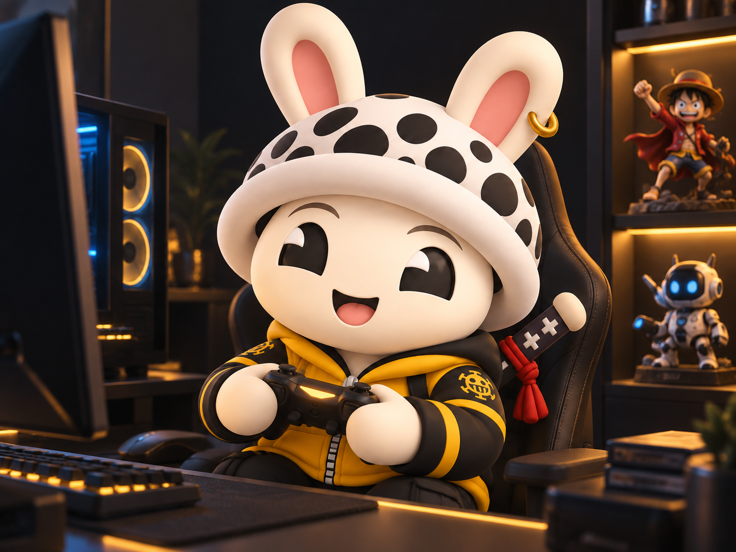 Mascota de ROOM jugando en su espacio gaming